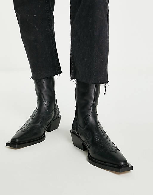 Topshop Ariel premium leather stitched western boot in black