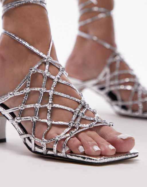 Topshop - Ariel - Sandali a gabbia con tacco medio e allacciatura alla caviglia argento, 3 di 4