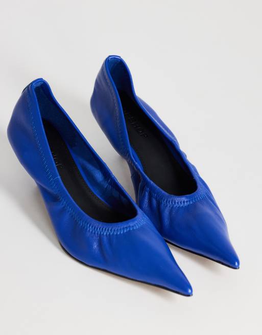 Topshop Arizona real leather ruched kitten heel shoes in cobalt, 2 of 4