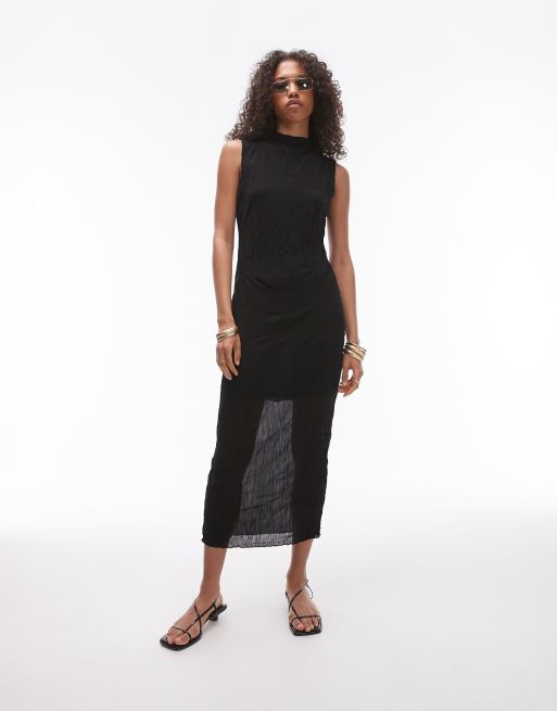 Topshop – Ärmelloses Crinkle-Midikleid in Schwarz mit lockerem Schnitt