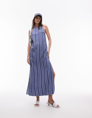 Topshop - Ärmelloses, gerade geschnittenes Maxikleid mit blauem Streifenmuster und hohem Schlitz