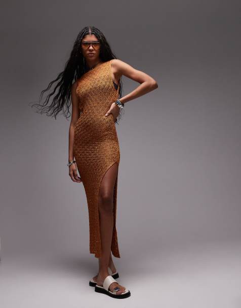 Topshop – Ärmelloses Kleid aus weitmaschigem Strickstoff in Rostbraun mit Pailletten und Rückenausschnitt - view 1