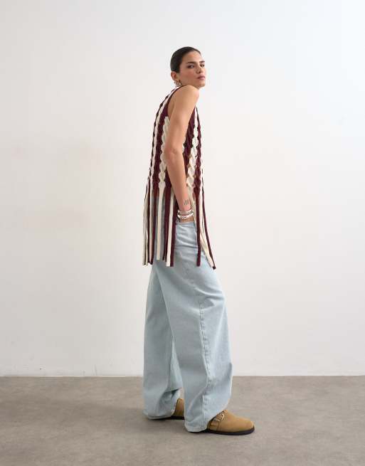 Topshop – Ärmelloses Longline-Strickoberteil in Burgunderrot mit Fransensaum, 2 von 4