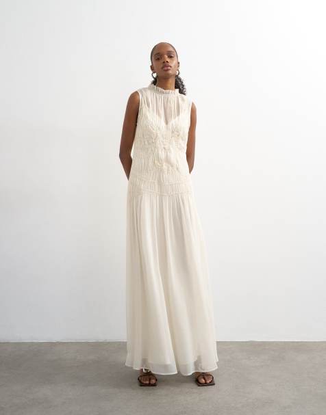 Topshop – Ärmelloses Maxikleid aus Chiffon in Ecru mit gerafftem Kunstprint - view 1