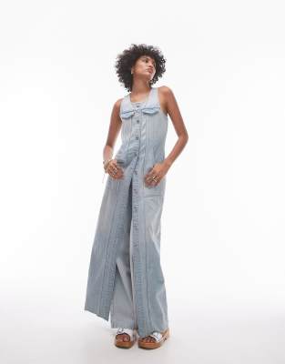 Topshop - Ärmelloses Maxikleid aus Denim in ausgebleichter Optik-Blau