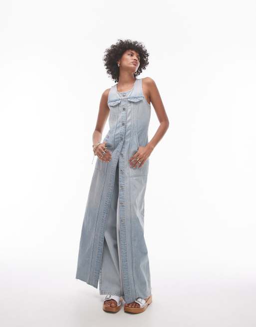 Topshop – Ärmelloses Maxikleid aus Denim in ausgebleichter Optik