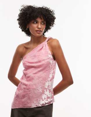 Topshop - Ärmelloses Oberteil aus rosafarbenem Ausbrenner-Samt mit One-Shoulder-Träger
