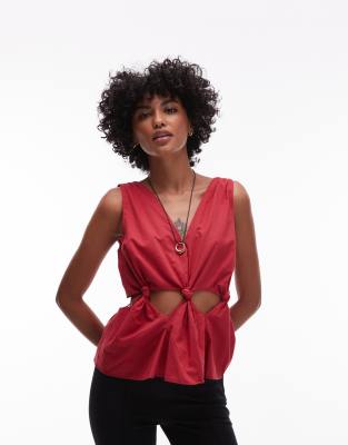 Topshop - Ärmelloses Top aus Baumwoll-Voile in Rot mit Zierknoten-Taille