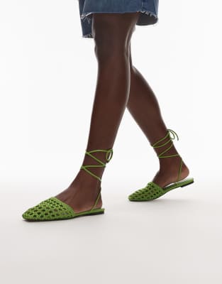 Topshop - Arri - Flache Schuhe in Grün mit Webstruktur und Schnürung