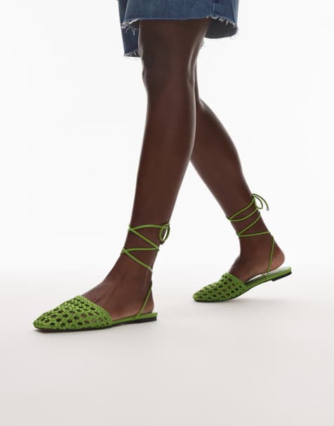Topshop – Arri – Flache Schuhe in Grün mit Webstruktur und Schnürung - view 1