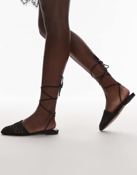 Topshop – Arri – Flache Schuhe in Schwarz mit Webstruktur und Schnürung - view 1