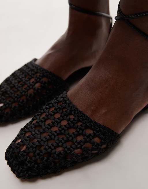 Topshop Arri woven tie up flat shoes in black