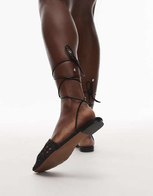 Topshop Arri woven tie up flat shoes in black