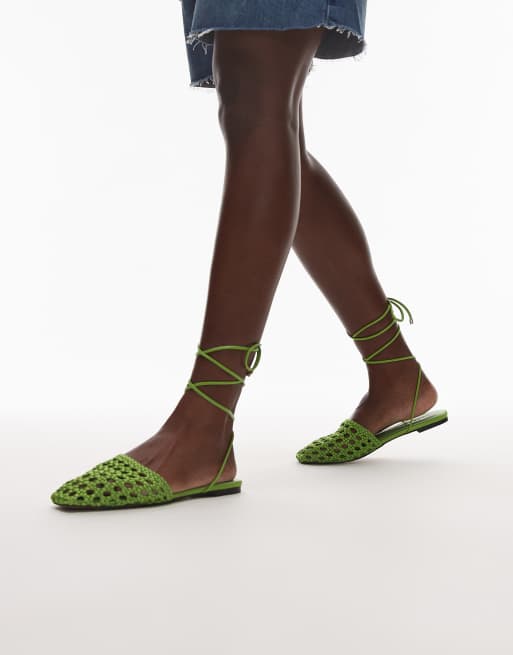 Topshop Arri woven tie up flat shoes in green