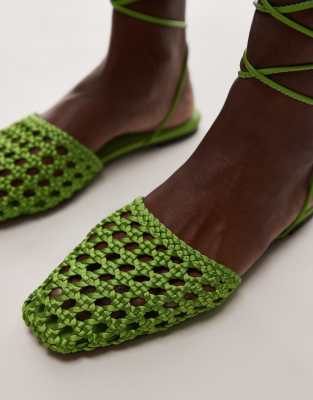 Topshop Arri Woven Tie Up Flat Shoes In Green