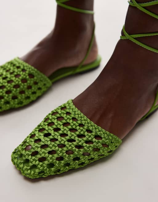 Topshop Arri woven tie up flat shoes in green