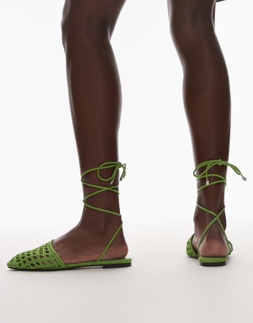 Topshop Arri woven tie up flat shoes in green, 3 of 4
