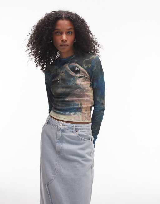 Topshop Art Museum Degas landscape long sleeve top in blue