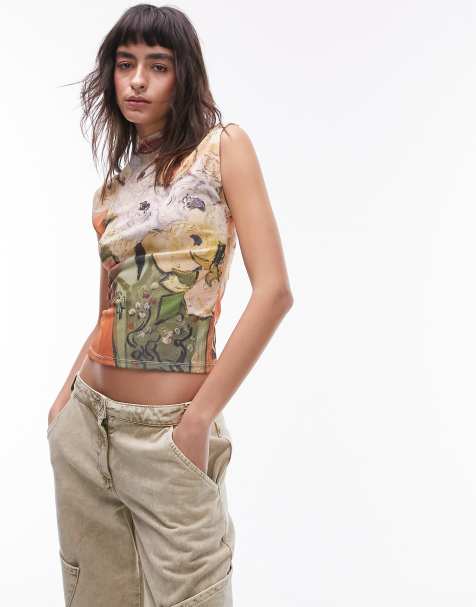 Topshop – Art Museum Van Gogh – Tanktop in Orange mit Blumendesign und hohem Ausschnitt - view 1