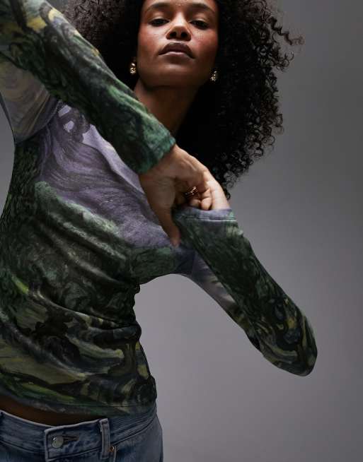 Topshop - Art Museum van Gogh - Top a maniche lunghe in rete multicolore con paesaggio e scollo a barchetta, 2 di 4