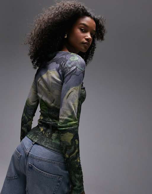 Topshop - Art Museum van Gogh - Top a maniche lunghe in rete multicolore con paesaggio e scollo a barchetta, 3 di 4