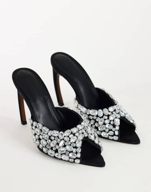 Topshop Artemis banana heel mule with hand sewn gems in black, 2 of 4