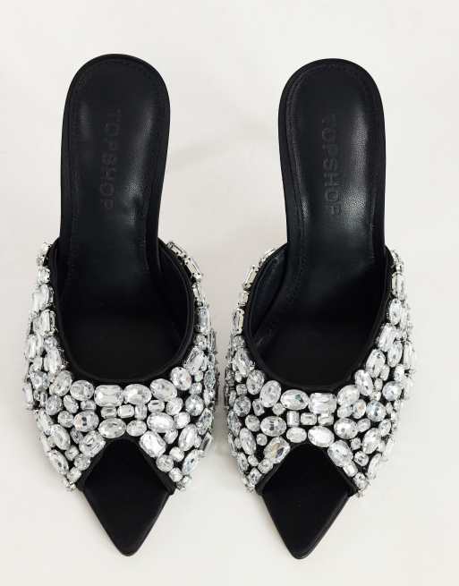Topshop Artemis banana heel mule with hand sewn gems in black, 3 of 4