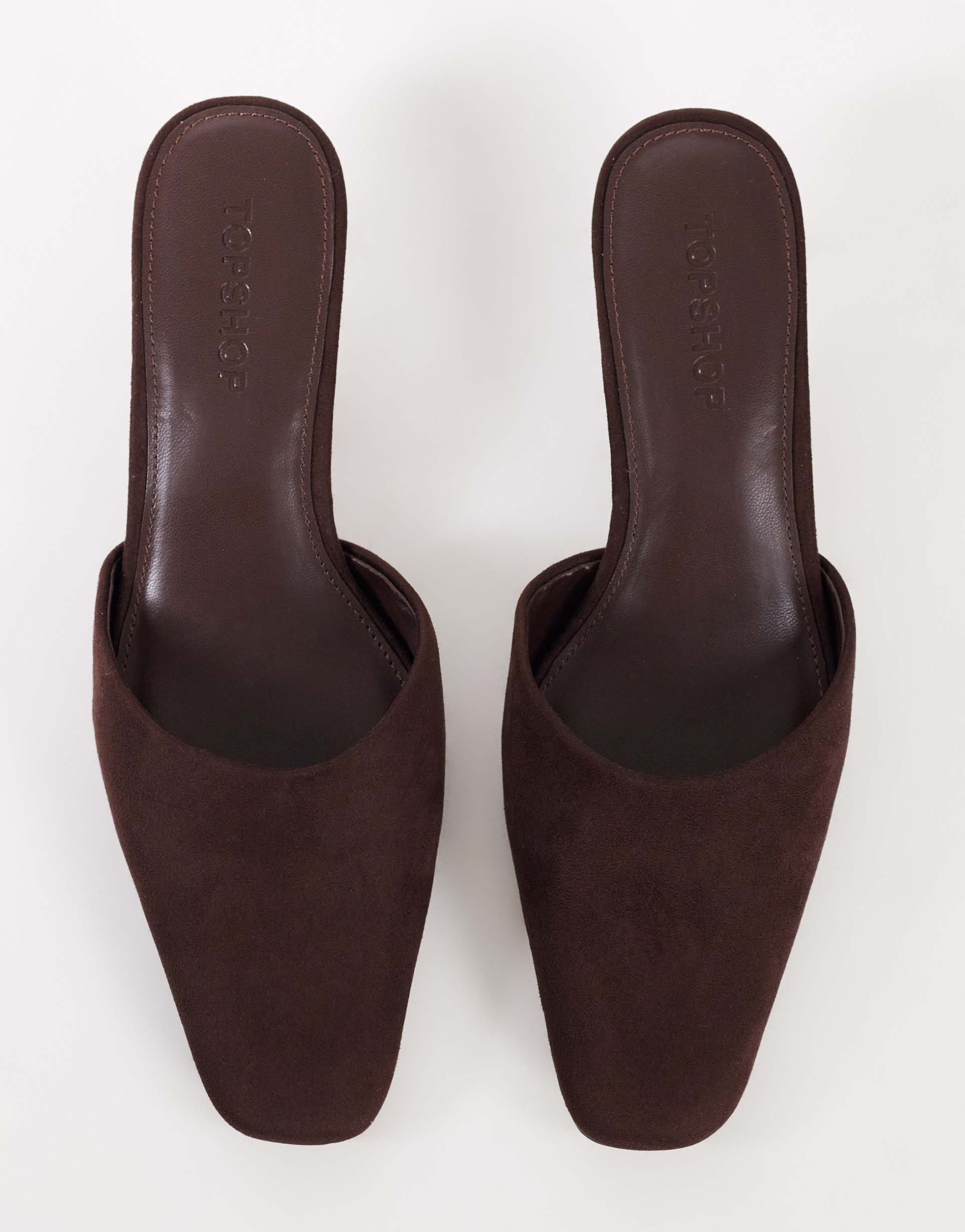 Topshop Arthur rounded toe mid heel mule in chocolate faux suede