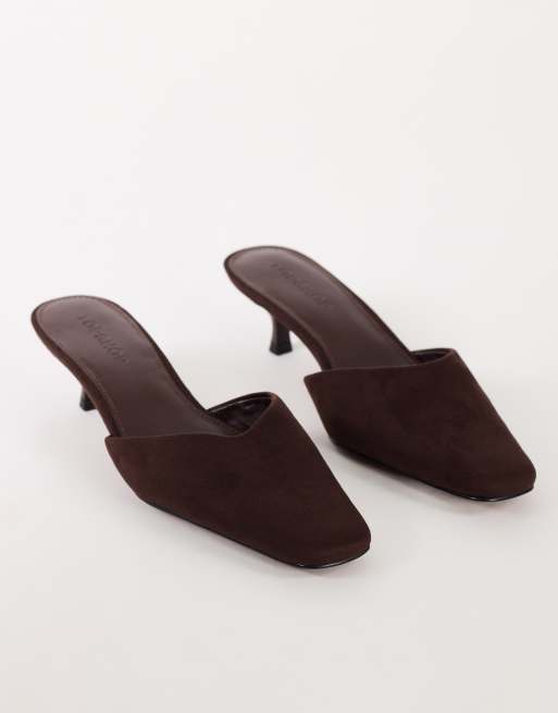Topshop Arthur rounded toe mid heel mule in chocolate faux suede, 2 of 4