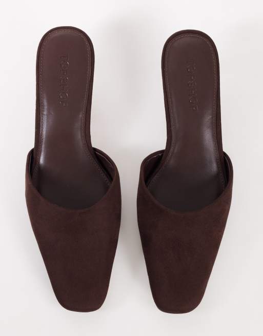 Topshop Arthur rounded toe mid heel mule in chocolate faux suede, 4 of 4
