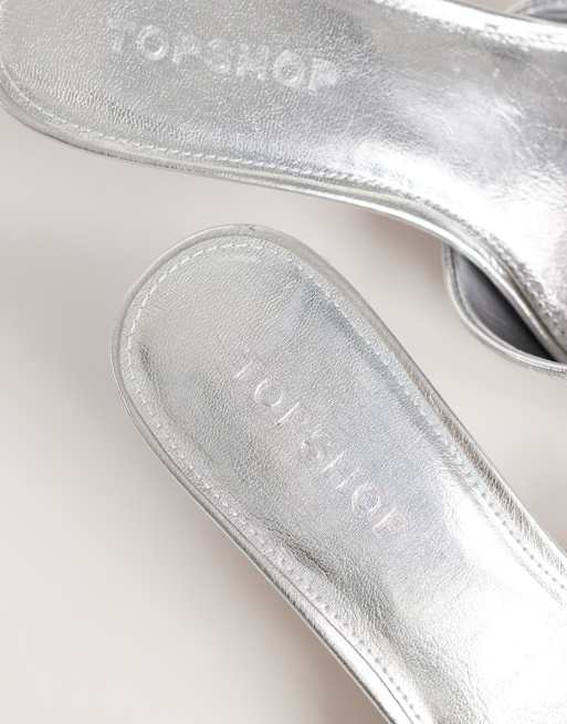 Topshop Arthur rounded toe mid heel mules in silver, 3 of 4