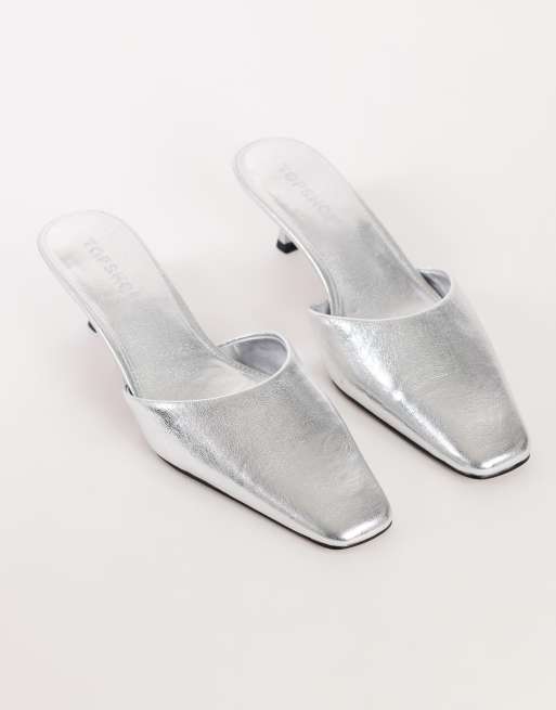 Topshop Arthur rounded toe mid-height heel mules in silver, 2 of 4