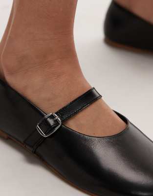 Topshop Ash Leather Ruched Ballet Flat Shoes With Buckle In Black