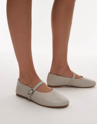 Ash leather ruched ballet flat shoes with buckle in off white