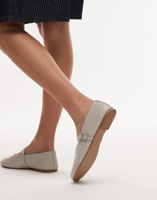 Topshop Ash leather ruched ballet flat shoes with buckle in off-white