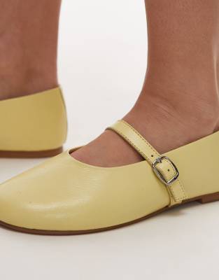 Topshop Ash Leather Ruched Ballet Flat Shoes With Buckle In Yellow
