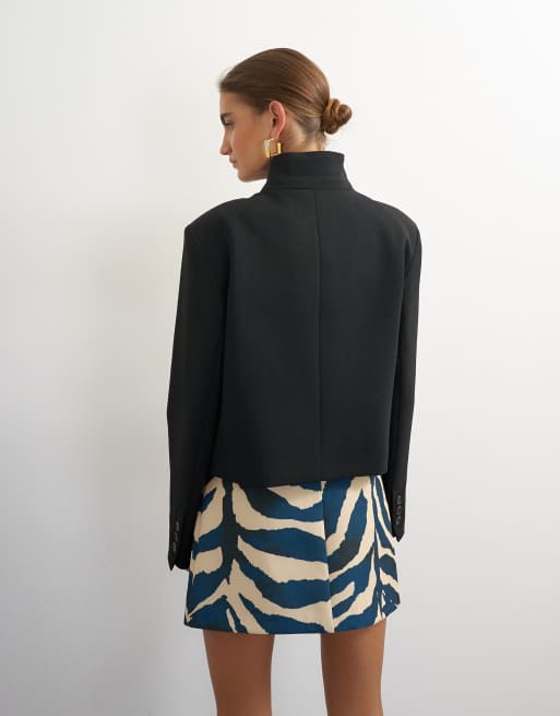 Topshop assymetric neck button detail blazer in black, 3 of 4