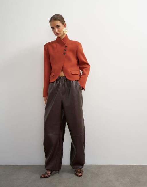 Topshop assymetric neck button detail blazer in rust, 3 of 4