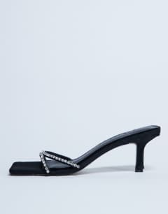 Astrid diamante heeled mule in black hair on real leather
