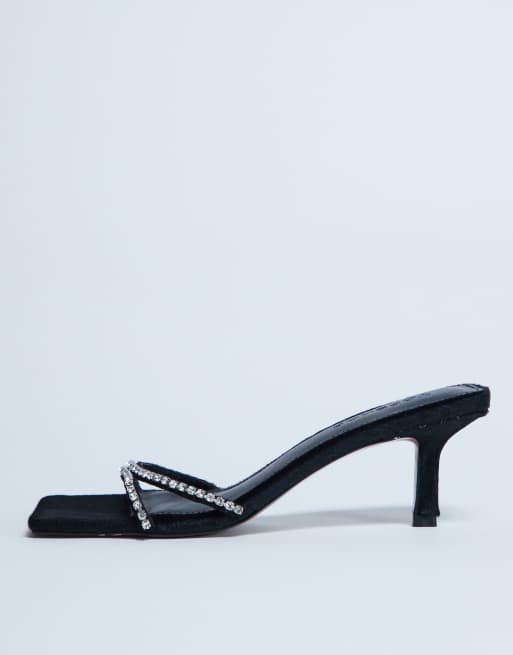 Topshop Astrid diamante heeled mule in black real leather pony