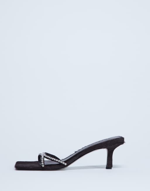 Topshop Astrid diamante heeled mule in choc real leather pony