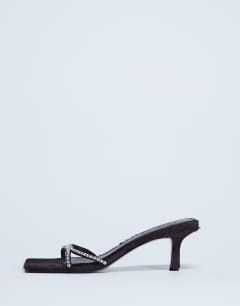 Model wearing Astrid diamante heeled mule in chocolate hair on real leather