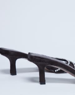 Model wearing Astrid diamante heeled mule in chocolate hair on real leather