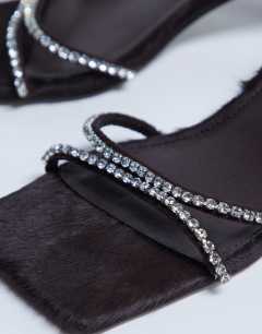 Model wearing Astrid diamante heeled mule in chocolate hair on real leather