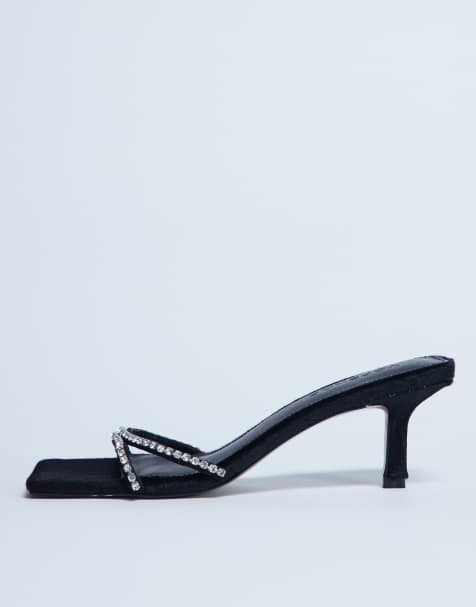Topshop Astrid diamante heeled mules in black real leather pony - view 1