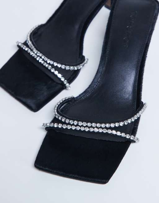 Topshop Astrid diamante heeled mules in black real leather pony, 2 of 4