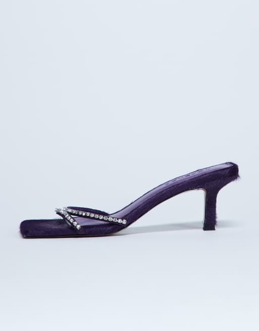 Topshop Astrid diamante heeled mules in purple real leather pony, 2 of 4