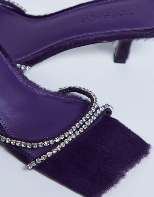 Topshop Astrid diamante heeled mules in purple real leather pony, 3 of 4