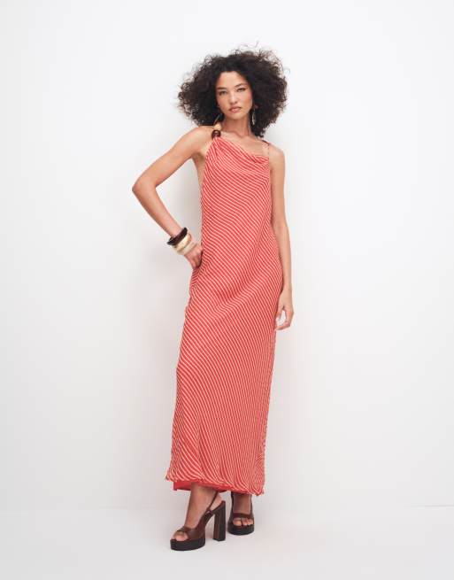 Topshop asym beaded neck maxi occasion dress orange chiffon stripe, 2 of 7