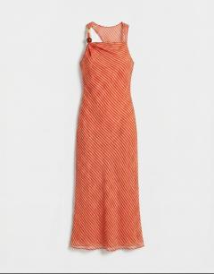 Model wearing Asym beaded neck maxi occasion dress orange chiffon stripe